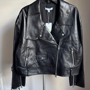 NWT ANTONIO MELANI Black Leather Moto Jacket Asymmetrical Zipper Sz XL